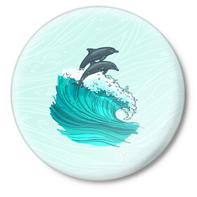 Значок с принтом Два дельфина ,  металл | круглая форма, металлическая застежка в виде булавки | dolphin | волна | два дельфина | дельфин | дельфины | море | морские | на голубом | с дельфином