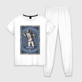 Женская пижама хлопок с принтом First In Space , 100% хлопок | брюки и футболка прямого кроя, без карманов, на брюках мягкая резинка на поясе и по низу штанин | Тематика изображения на принте: art | first | астронавт | галактика | иллюстрация