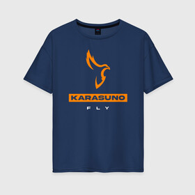 Женская футболка хлопок Oversize с принтом KARASUNO лого Haikyu!! , 100% хлопок | свободный крой, круглый ворот, спущенный рукав, длина до линии бедер
 | anime | haikyu | haikyuu | karasuno | karasuno high | manga | аниме | волейбол | волейбольный клуб | ворон | вороны | карасуно | крылья | лого | манга | надпись | перо | птица | старшая школа | хаику | хаикую