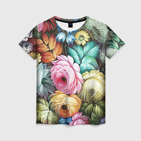 Женская футболка 3D с принтом Букет из цветов , 100% полиэфир ( синтетическое хлопкоподобное полотно) | прямой крой, круглый вырез горловины, длина до линии бедер | букет | декоративная роспись | живопись | жостово | жостовская роспись | цветы