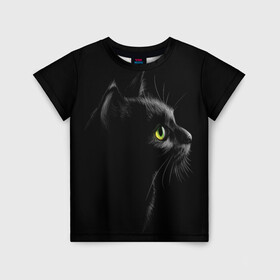 Детская футболка 3D с принтом Черный кот , 100% гипоаллергенный полиэфир | прямой крой, круглый вырез горловины, длина до линии бедер, чуть спущенное плечо, ткань немного тянется | Тематика изображения на принте: взгляд | глаза | киса | киска | кот | котик | котяра | профиль | пушистый | усы