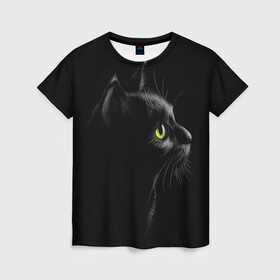 Женская футболка 3D с принтом Черный кот , 100% полиэфир ( синтетическое хлопкоподобное полотно) | прямой крой, круглый вырез горловины, длина до линии бедер | взгляд | глаза | киса | киска | кот | котик | котяра | профиль | пушистый | усы