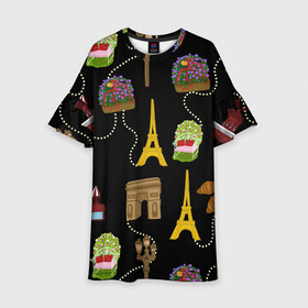 Детское платье 3D с принтом Париж , 100% полиэстер | прямой силуэт, чуть расширенный к низу. Круглая горловина, на рукавах — воланы | paris | арка | бусы | велик | города | круассан | лето | мулен руж | париж | романтика | сладости | цветы | черный | эйфелева башня | юежевый