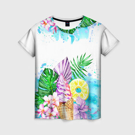Женская футболка 3D с принтом Тропический рай с мороженым , 100% полиэфир ( синтетическое хлопкоподобное полотно) | прямой крой, круглый вырез горловины, длина до линии бедер | акварель | ананас | жаркие страны | летный отдых | лето | листья | море | мороженое | отдых | растения | сладости | тропики | тропический рай | цветы | экзотика