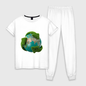 Женская пижама хлопок с принтом Чистая планета , 100% хлопок | брюки и футболка прямого кроя, без карманов, на брюках мягкая резинка на поясе и по низу штанин | зеленая планета | переработка | планета | сортировка | сортировка мусора | стрелочки | чистая планета | экология