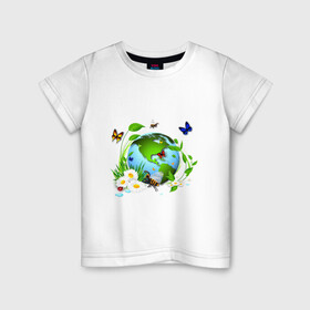 Детская футболка хлопок с принтом Чистая планета , 100% хлопок | круглый вырез горловины, полуприлегающий силуэт, длина до линии бедер | бабочка | бабочки | зеленая планета | зелень | земля | листья | оса | планета | пчела | растения | ромашки | цветы | чистая планета | экология