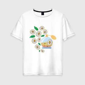 Женская футболка хлопок Oversize с принтом Духи с ромашкой , 100% хлопок | свободный крой, круглый ворот, спущенный рукав, длина до линии бедер
 | aroma | chamomile | flower | perfume | аромат | духи | парфюм | ромашка | цветок