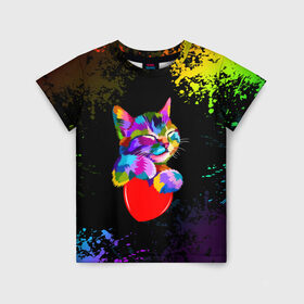 Детская футболка 3D с принтом РАДУЖНЫЙ КОТИК / RAINBOW KITTY , 100% гипоаллергенный полиэфир | прямой крой, круглый вырез горловины, длина до линии бедер, чуть спущенное плечо, ткань немного тянется | heart | kitty | like | low poly | rainbow | животные | звери | котик | лайк | радуга | радужный котик | сердечко | цветные