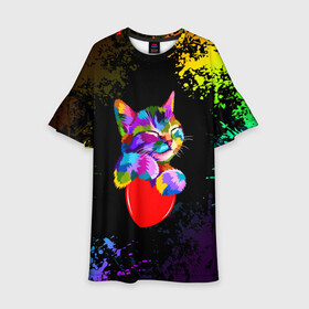 Детское платье 3D с принтом РАДУЖНЫЙ КОТИК / RAINBOW KITTY , 100% полиэстер | прямой силуэт, чуть расширенный к низу. Круглая горловина, на рукавах — воланы | Тематика изображения на принте: heart | kitty | like | low poly | rainbow | животные | звери | котик | лайк | радуга | радужный котик | сердечко | цветные