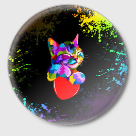 Значок с принтом РАДУЖНЫЙ КОТИК / RAINBOW KITTY ,  металл | круглая форма, металлическая застежка в виде булавки | heart | kitty | like | low poly | rainbow | животные | звери | котик | лайк | радуга | радужный котик | сердечко | цветные