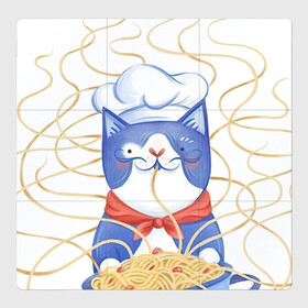 Магнитный плакат 3Х3 с принтом Котик-повар , Полимерный материал с магнитным слоем | 9 деталей размером 9*9 см | арт | кот | котик | кошка | макароны | паста | повар | рисунок | спагетти