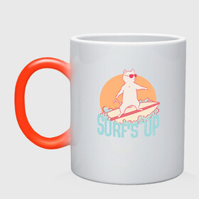 Кружка хамелеон с принтом Surfs Up | Кот сёрфер на гребне волны , керамика | меняет цвет при нагревании, емкость 330 мл | animal | cat | cute | kitty | meow | serfing | друг | животные | киска | кися | китти | кот | котенок | котик | котэ | кошечка | кошка | море | мур | мяу | питомец | серф | серфинг