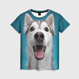 Женская футболка 3D с принтом Хаски , 100% полиэфир ( синтетическое хлопкоподобное полотно) | прямой крой, круглый вырез горловины, длина до линии бедер | dog | дог | домашние животные | звери | сибирский хаски | собака | собаки | хаски