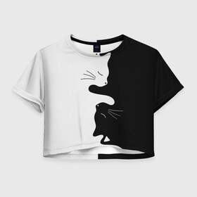 Женская футболка Crop-top 3D с принтом Коты инь янь , 100% полиэстер | круглая горловина, длина футболки до линии талии, рукава с отворотами | Тематика изображения на принте: cat | домашние животные | звери | инь и янь | инь янь | кот | коты | кошка | кошки | черно белое | чернобелое | черное и белое