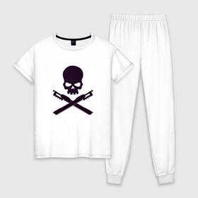 Женская пижама хлопок с принтом Warhammer Roger , 100% хлопок | брюки и футболка прямого кроя, без карманов, на брюках мягкая резинка на поясе и по низу штанин | chainsword | jolly roger | pirate | skull | warhammer | вархаммер | пиломеч | пиратский флаг | череп