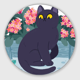 Коврик для мышки круглый с принтом Кот, лягушка и клумба , резина и полиэстер | круглая форма, изображение наносится на всю лицевую часть | арт | клумба | космос | кот | котейка | кошка | лягушка | рисунок | розовые цветы | розовый цветок | цветы | чёрная кошка | чёрный кот