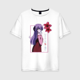 Женская футболка хлопок Oversize с принтом Ханю Фуруде (Furude Hanyuu) , 100% хлопок | свободный крой, круглый ворот, спущенный рукав, длина до линии бедер
 | when they cry | аниме | иероглифы | когда плачут цикады | фиолетовые волосы | ханю | цветы