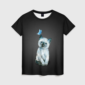 Женская футболка 3D с принтом Тайский котенок с бабочкой , 100% полиэфир ( синтетическое хлопкоподобное полотно) | прямой крой, круглый вырез горловины, длина до линии бедер | Тематика изображения на принте: акварель | бабочка | кот | котенок | котик | кошечка | кошка | смешной | тайский | темный
