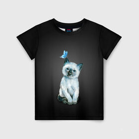 Детская футболка 3D с принтом Тайский котенок с бабочкой , 100% гипоаллергенный полиэфир | прямой крой, круглый вырез горловины, длина до линии бедер, чуть спущенное плечо, ткань немного тянется | акварель | бабочка | кот | котенок | котик | кошечка | кошка | смешной | тайский | темный