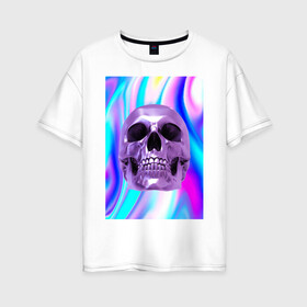 Женская футболка хлопок Oversize с принтом Skull abstraction , 100% хлопок | свободный крой, круглый ворот, спущенный рукав, длина до линии бедер
 | абстракция | блестки | блестящий фон | металлический цвет | скулы | стильный принт | череп | яркий принт