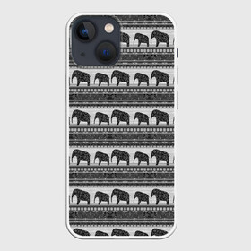 Чехол для iPhone 13 mini с принтом Черно белый узор слоны ,  |  | Тематика изображения на принте: африканский | монохромный узор | орнамент | полосы | серый | серый и черный | слоны | этнический
