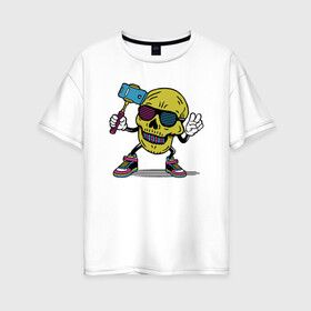 Женская футболка хлопок Oversize с принтом Череп сэлфи , 100% хлопок | свободный крой, круглый ворот, спущенный рукав, длина до линии бедер
 | peace | selfi | мир | скелет | сэлфи | фотка | череп | черепушка