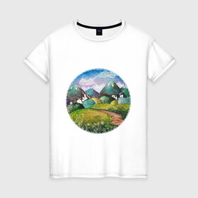 Женская футболка хлопок с принтом Акварельные поля и тропинка , 100% хлопок | прямой крой, круглый вырез горловины, длина до линии бедер, слегка спущенное плечо | акварель | деревня | дома | зеленый | круг | лето | поля | рисунок