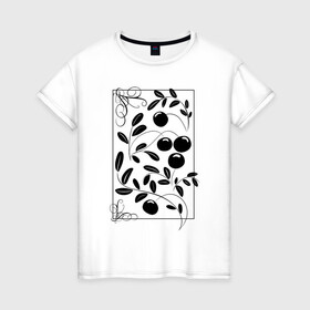 Женская футболка хлопок с принтом Клюква: черный силуэт , 100% хлопок | прямой крой, круглый вырез горловины, длина до линии бедер, слегка спущенное плечо | ботанический | клюква | листья | орнамент | растительный | силуэт | ягоды