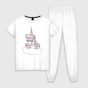 Женская пижама хлопок с принтом Динорог , 100% хлопок | брюки и футболка прямого кроя, без карманов, на брюках мягкая резинка на поясе и по низу штанин | Тематика изображения на принте: динозавр | зубы | нежность | облако | рог