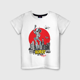 Детская футболка хлопок с принтом Бруклин атакует робот , 100% хлопок | круглый вырез горловины, полуприлегающий силуэт, длина до линии бедер | бруклин | город | железяка | иллюстрация | робот | самолет | сша
