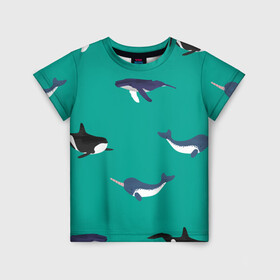 Детская футболка 3D с принтом Нарвал, киты, касатка паттерн , 100% гипоаллергенный полиэфир | прямой крой, круглый вырез горловины, длина до линии бедер, чуть спущенное плечо, ткань немного тянется | изумрудно зеленый цвет | касатки | киты | морская фауна | морские животные | морские жители | нарвал | океан | паттерн