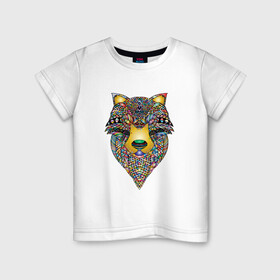Детская футболка хлопок с принтом Разноцветная голова волка , 100% хлопок | круглый вырез горловины, полуприлегающий силуэт, длина до линии бедер | Тематика изображения на принте: волк | голова | животные | злой | разноцветный | хищник