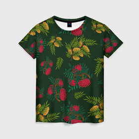 Женская футболка 3D с принтом ветки рябины и облепихи , 100% полиэфир ( синтетическое хлопкоподобное полотно) | прямой крой, круглый вырез горловины, длина до линии бедер | ветки | деревья | зеленый | зима | лес | листья | новый год | облепиха | осень | праздничный | природа | рождество | рябина | темно зеленый | ягоды