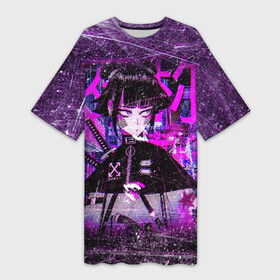 Платье-футболка 3D с принтом Cyberpunk Samurai Anime ,  |  | Тематика изображения на принте: 2077 | anime | cyberpunk | girl | grunge | japan | neon | pink | аниме | анимэ | гранж | девочка | девушка | игра | иероглифы | киберпанк | мульт | неон | неоновый | офф вайт | полосы | потертости | самурай | символ | тян | узоры | я
