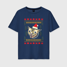 Женская футболка хлопок Oversize с принтом Рождественский свитер кашляющий кот , 100% хлопок | свободный крой, круглый ворот, спущенный рукав, длина до линии бедер
 | christmas | coughing cat | ugly sweater | вечеринка | кашляющий кот | кот мем | котик | новогодние праздники | новый год | рождественский свитер | рождество | уродливый свитер
