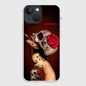 Чехол для iPhone 13 mini с принтом Ведьма с красной розой ,  |  | Тематика изображения на принте: body art | cigarette | day of the dead | halloween | happy halloween | holiday | nude witch | profile | red rose | skull | tattoo | боди арт | день мертвых | красная роза | обнаженная ведьма | праздник | профиль | тату | хэллоуин