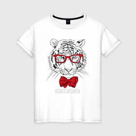 Женская футболка хлопок с принтом Белый тигр в красных очках , 100% хлопок | прямой крой, круглый вырез горловины, длина до линии бедер, слегка спущенное плечо | Тематика изображения на принте: 2022 | beast | bow tie | fangs | merry christmas | new year | predator | stern grin | white water tiger | year of the tiger | белый водяной тигр | галстук бабочка | год тигра | зверь | клыки | красные очки | новый год | суровый оскал | хищни