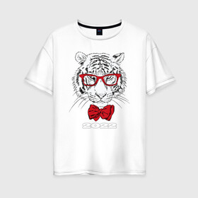 Женская футболка хлопок Oversize с принтом Белый тигр в красных очках , 100% хлопок | свободный крой, круглый ворот, спущенный рукав, длина до линии бедер
 | 2022 | beast | bow tie | fangs | merry christmas | new year | predator | stern grin | white water tiger | year of the tiger | белый водяной тигр | галстук бабочка | год тигра | зверь | клыки | красные очки | новый год | суровый оскал | хищни