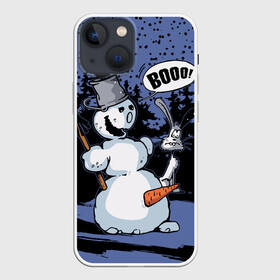 Чехол для iPhone 13 mini с принтом Снеговик на Хэллоуин ,  |  | broom | bucket | carrot | fir forest | frightened hare | halloween | new year | night | scary | snow | snowman | ведро | еловый лес | испуганный заяц | метла | морковка | новый год | ночь | снег | снеговик | страшный | хэллоуин