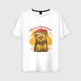Женская футболка хлопок Oversize с принтом Merry Christmas , 100% хлопок | свободный крой, круглый ворот, спущенный рукав, длина до линии бедер
 | art | christmas | dog | drawing | hat | new year | stars | арт | звезды | новый год | пес | рисунок | рождество | собака | собака в шапке