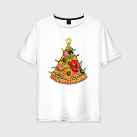Женская футболка хлопок Oversize с принтом Новогодняя Пицца Елка , 100% хлопок | свободный крой, круглый ворот, спущенный рукав, длина до линии бедер
 | christmas | pizza | гирлянда | елка | ель | звезда | новый год | пицца | рождество