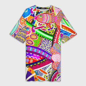 Платье-футболка 3D с принтом Разноцветные яркие рыбки на абстрактном цветном фоне ,  |  | абстрактный паттерн | абстрактный фон | абстракция | аквариум | буйство красок в океане | египетские рыбки | знак зодиака рыбы | красное море | мировой океан | паттерн из рыб | разноцветные рыбы