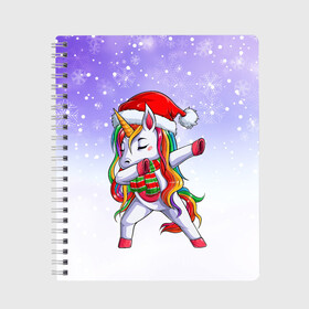 Тетрадь с принтом Xmas Unicorn Dabbing   Рождественский Единорог Даб , 100% бумага | 48 листов, плотность листов — 60 г/м2, плотность картонной обложки — 250 г/м2. Листы скреплены сбоку удобной пружинной спиралью. Уголки страниц и обложки скругленные. Цвет линий — светло-серый
 | christmas | dabbing | santa | unicorn | даббинг | дед мороз | единорог | зима | новый год | радуга | радужный | рождество | санта | снег | снежинка | юникорн