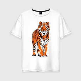 Женская футболка хлопок Oversize с принтом Тигр в джунглях , 100% хлопок | свободный крой, круглый ворот, спущенный рукав, длина до линии бедер
 | 2022 | big cat | happy new year | jungle | palms | predator | tiger | year of the tiger | большая кошка | год тигра | джунгли | пальмы | с новым годом | тигр | хищник