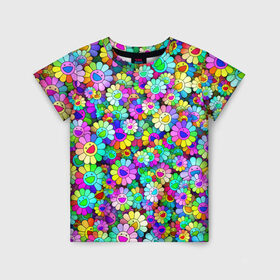 Детская футболка 3D с принтом Rainbow flowers , 100% гипоаллергенный полиэфир | прямой крой, круглый вырез горловины, длина до линии бедер, чуть спущенное плечо, ткань немного тянется | Тематика изображения на принте: takashi murakami | паттерн | радуга | смайл | такаси мураками | улыбка | цветы