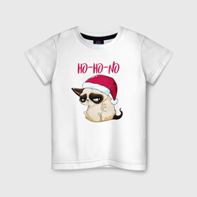 Детская футболка хлопок с принтом Ugly cat Ho Ho No , 100% хлопок | круглый вырез горловины, полуприлегающий силуэт, длина до линии бедер | 2022 | 2022 год | grumpy cat | happy new year | santa | год тигра | дед мороз | каникулы | мороз | новогодний свитер | новый год | новый год 2022 | новый год тигра | оливье | праздник | рождество | санта клаус