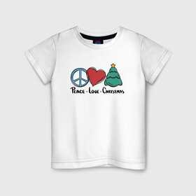 Детская футболка хлопок с принтом Peace Love and Christmas , 100% хлопок | круглый вырез горловины, полуприлегающий силуэт, длина до линии бедер | Тематика изображения на принте: art | christmas | drawing | heart | love | new year | peace | tree | арт | елка | любовь | мир | новый год | рисунок | рождество | сердце