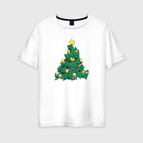 Женская футболка хлопок Oversize с принтом Christmas Tree Made Of Green Cats , 100% хлопок | свободный крой, круглый ворот, спущенный рукав, длина до линии бедер
 | cat | cats | christmas | decotarions | green | kittens | made | new | of | star | toys | tree | year | год | ёлка | звезда | игрушки | кот | коты | котята | кошки | новый | рождество