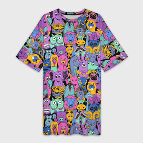 Платье-футболка 3D с принтом Разные Мультяшные Животные ,  |  | animals | safari | zoo | детские | дикая природа | животные | жираф | звери | зверюшки | зебра | зоопарк | лев | мультики | сафари | слон