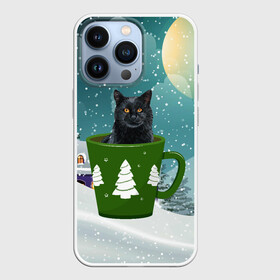 Чехол для iPhone 13 Pro с принтом Черный кот в кружке ,  |  | Тематика изображения на принте: зима | кот | котенок | котик | котики | кошка | новогодняя | новый год | рождество | тепло